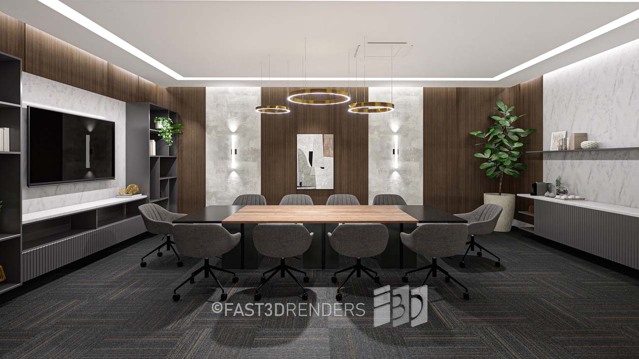 Renderizado 3D Interior de Sala Reuniones/Conferencias